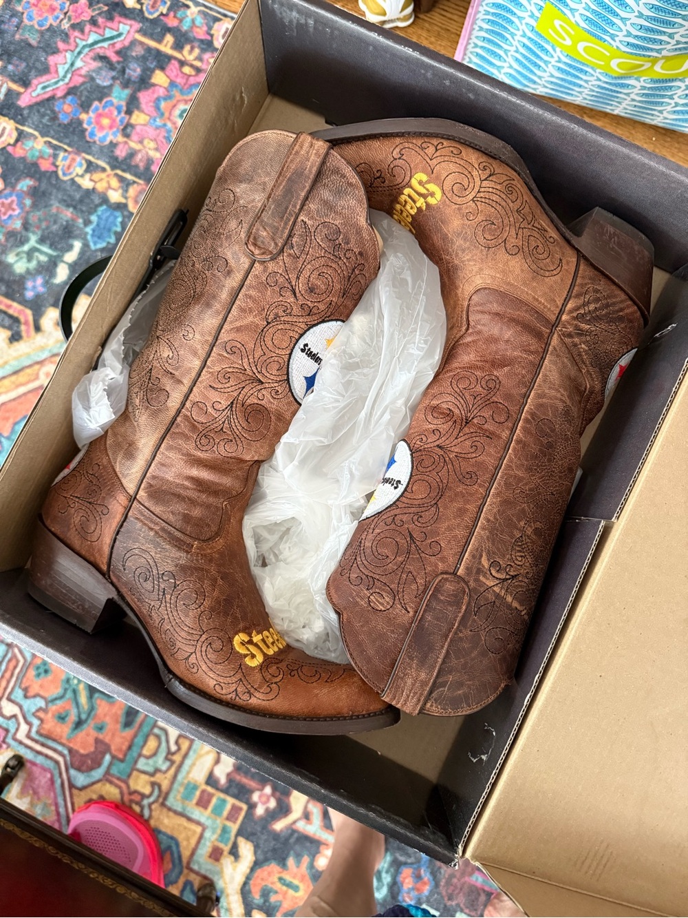 WmSz 10 Old Pro Leather Pittsburgh Steelers Tan Brown Cowboy Boots-Official NFL - Picture 5 of 9